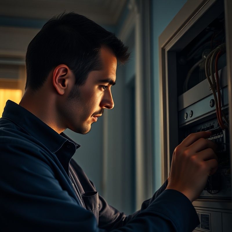 Technik v modrém pracovním oděvu kontroluje elektrický rozvaděč v českém bytě